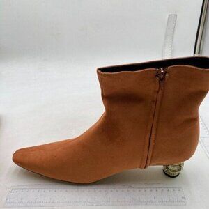 Brown Square Toe Crystal Block Low Heel Ankle Boots Fashion Side Zipper Shoes